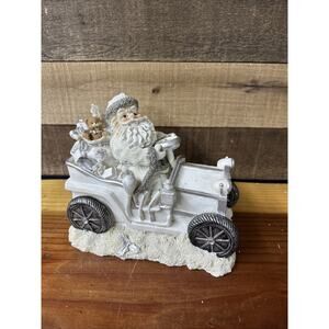 Vintage Santa In Car Figure -white And Silver